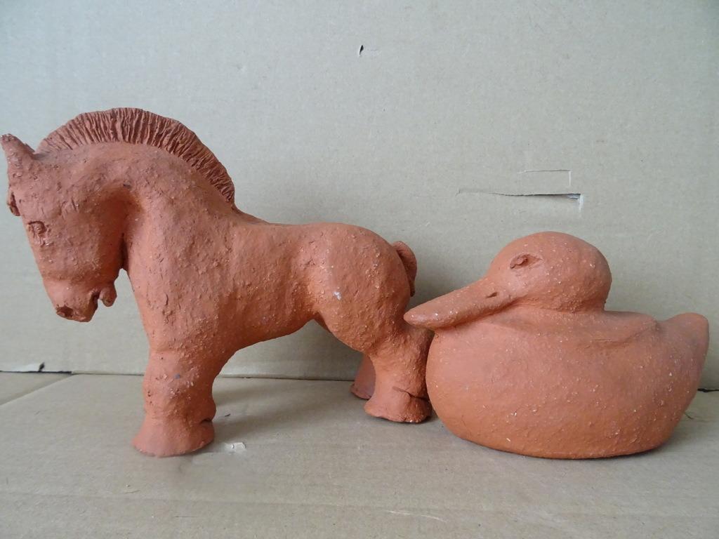 Ensemble statues design en terre cuite poney shetland canard, Enlèvement ou Envoi, Utilisé, Animal