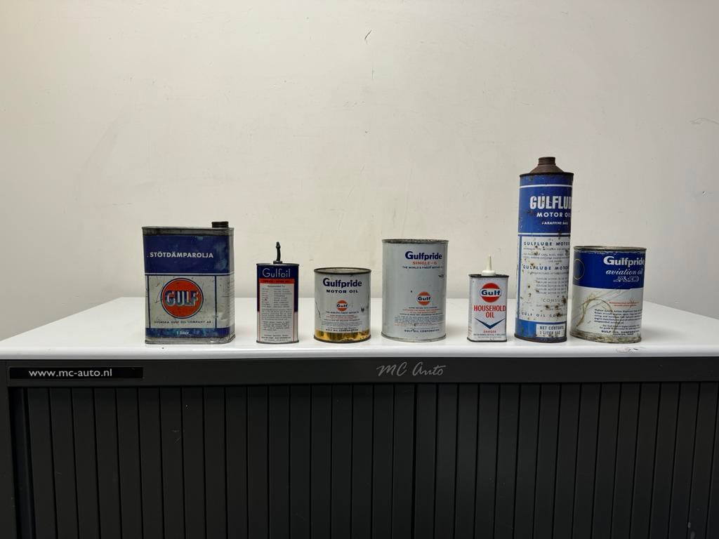 Vieux bidons d'huile de garage Gulf à vendre, Collections, Enlèvement ou Envoi, Utilisé, Panneau publicitaire