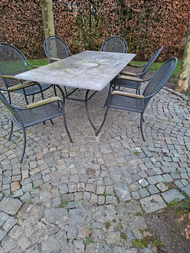 Arduine tafelblad met smeedijzer onderstel 6 stoelen, Ophalen, Gebruikt, Eettafel, 6 zitplaatsen