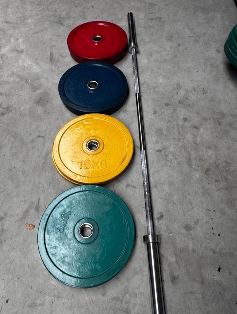 140kg Gekleurde Gewichten + Olympische Barbell 220cm, Ophalen, Gebruikt, Halterschijven