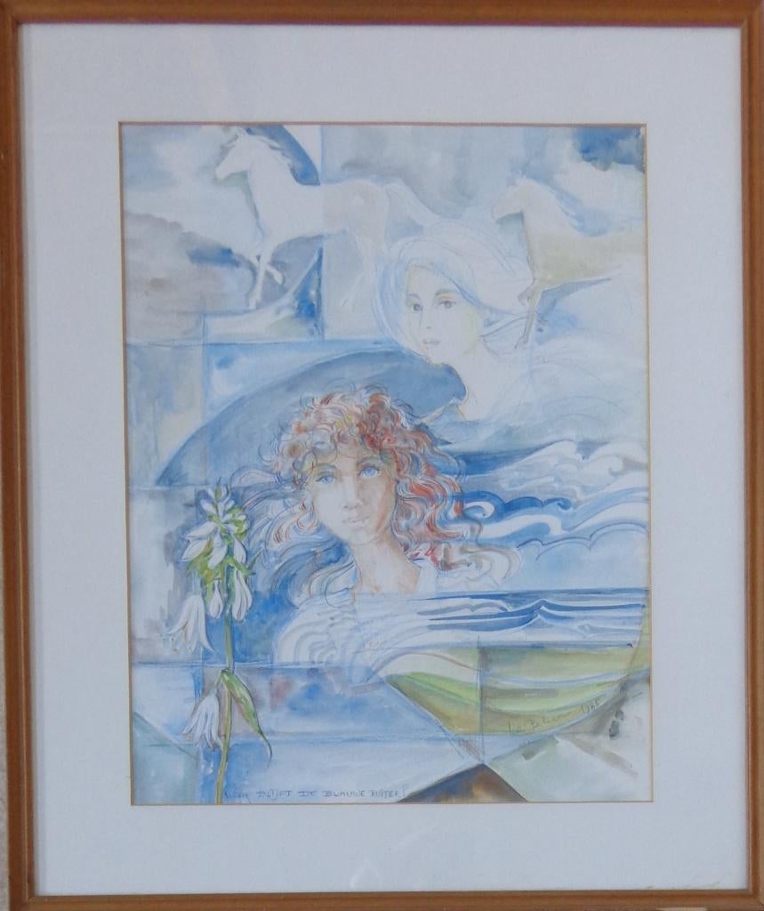 LEA BELIEN / BLAUWE RUITER / ORIGINEEL WERK / 62x52cm KADER, Ophalen of Verzenden