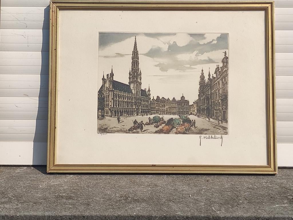 gravure grand place de bruxelles signe roger hebbelinck, Ophalen of Verzenden