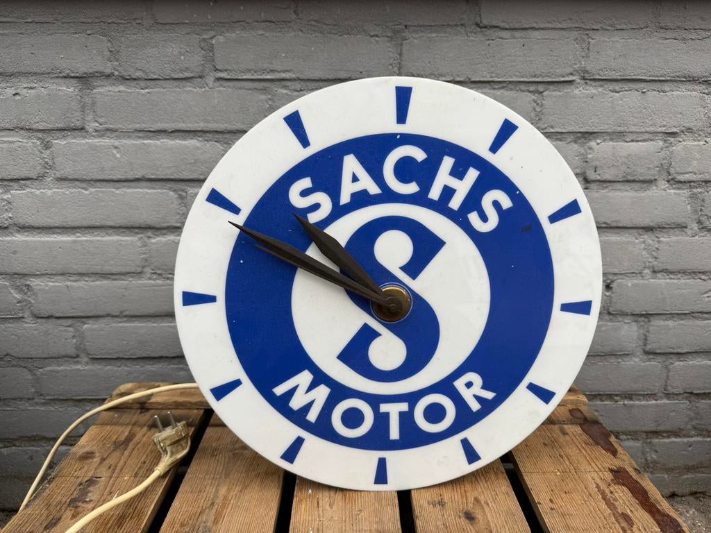 Oude SACHS Motor reclame klok verlichting, Verzamelen, Ophalen, Gebruikt, Lichtbak of (neon) lamp
