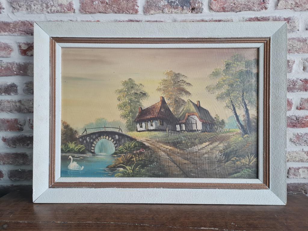 Schilderij op doek - 'Huisjes aan het water' (70 x 50 cm), Antiek en Kunst, Ophalen