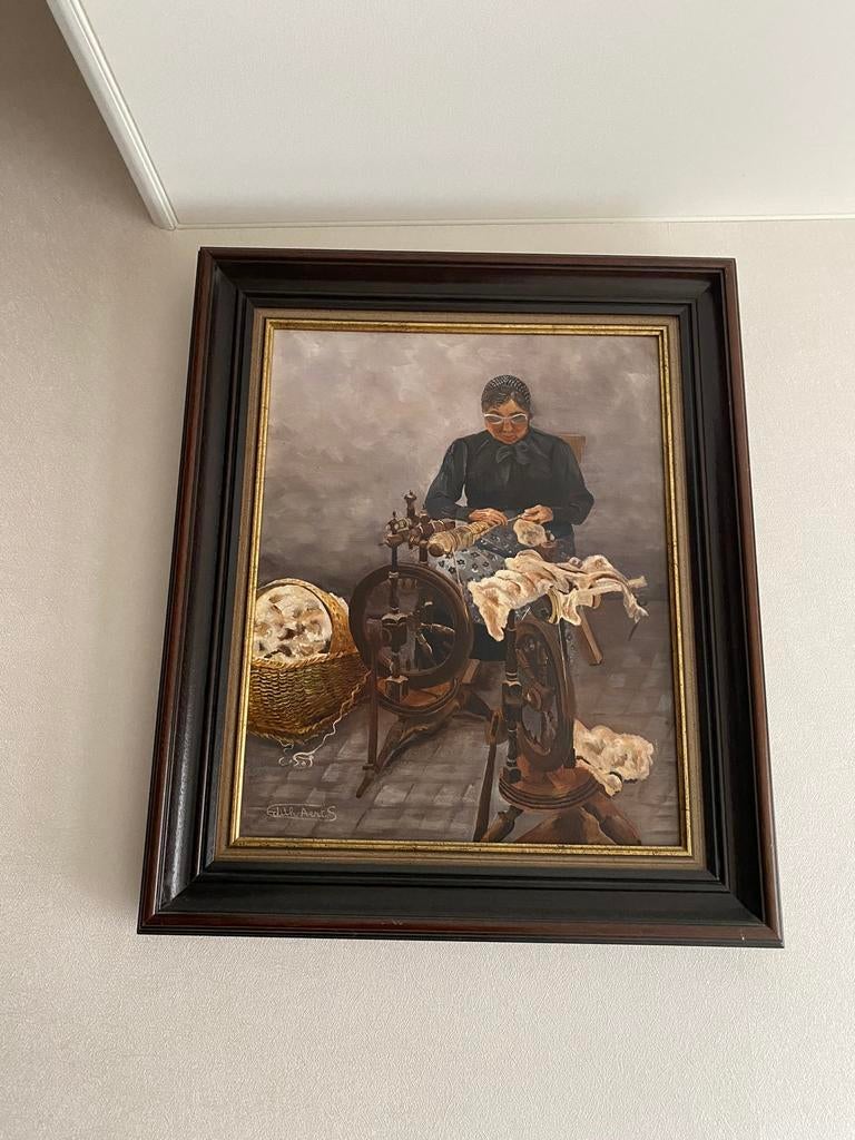 Mooi groot schilderij van spinster, Antiek en Kunst, Ophalen of Verzenden