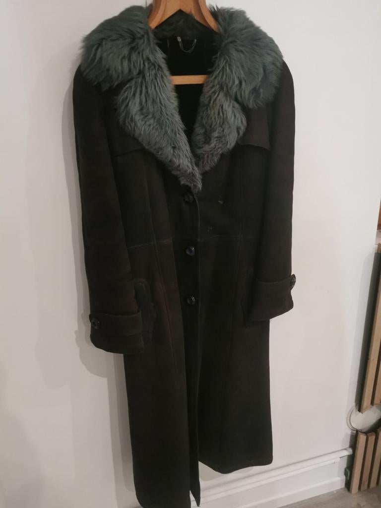 Manteau peau retournée shearling ceinturé col fourrure gris, Enlèvement ou Envoi, Gris