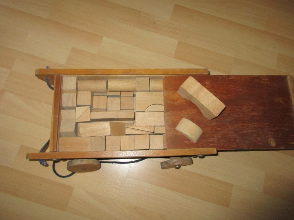 Vintage houten blokkenkar met trekkoord, Kinderen en Baby's, Ophalen, Gebruikt