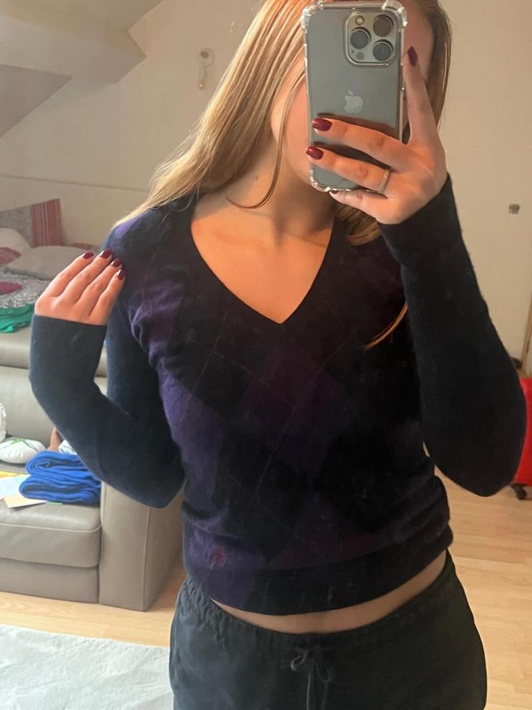 Pull col V Burberry à losanges noir/violet - XS, Enlèvement ou Envoi, Porté, Noir