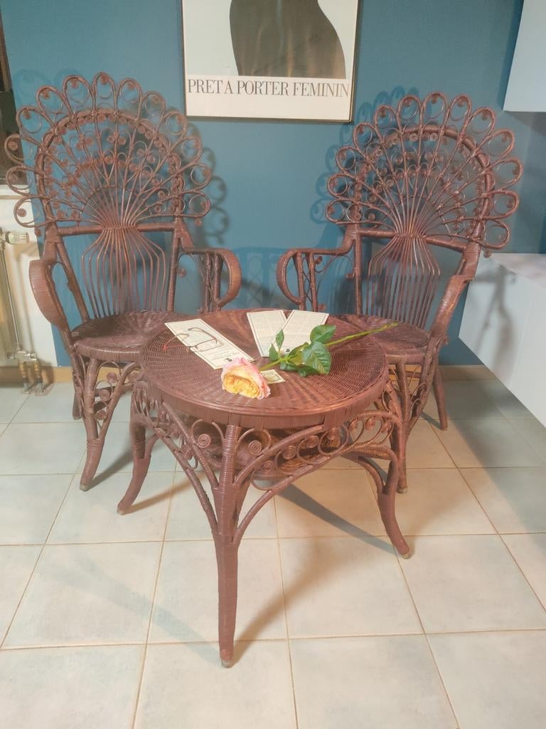 Ensemble rotin peacock jardin d'hiver  chaises + table basse, Enlèvement, Comme neuf, Métal