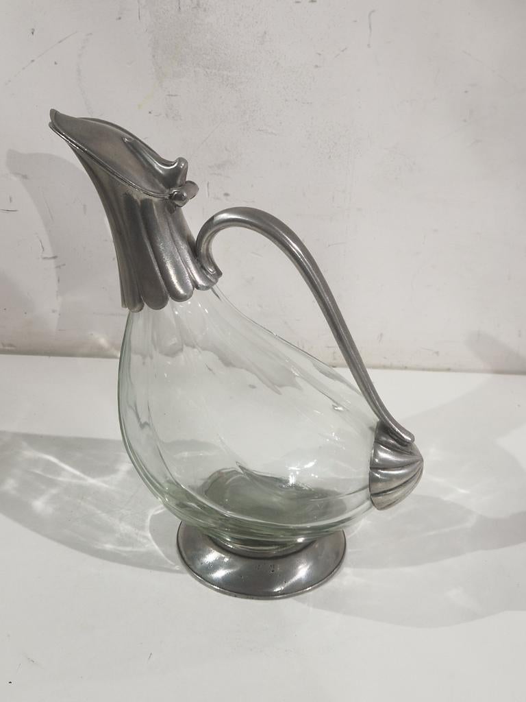 Gestempeld , tin en kristal eend karaf , Decanter  1 liter, Antiek en Kunst, Ophalen of Verzenden