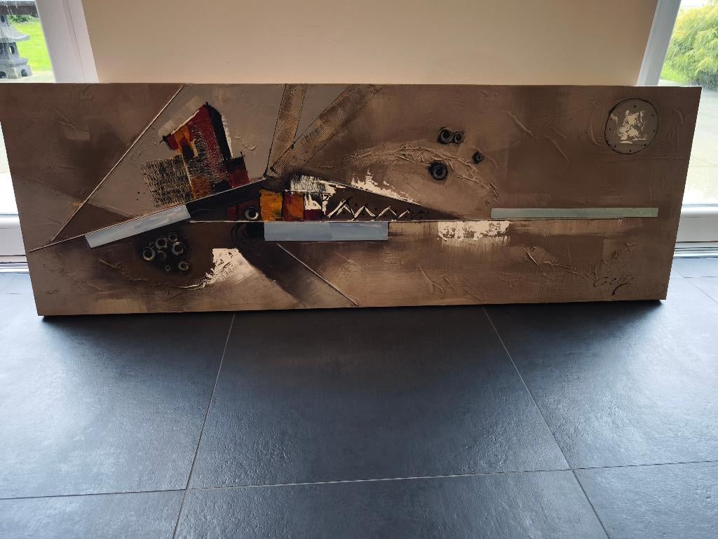 Tableau - peinture en relief - abstrait 150 x 50 cms, Antiquités & Art, Enlèvement ou Envoi