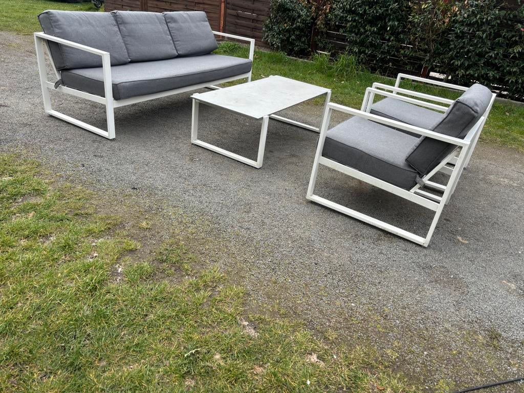 Loungeset aluminium jysk met bijhorende kussens en tafel, Tuin en Terras, Ophalen, Zo goed als nieuw, Aluminium, Loungeset