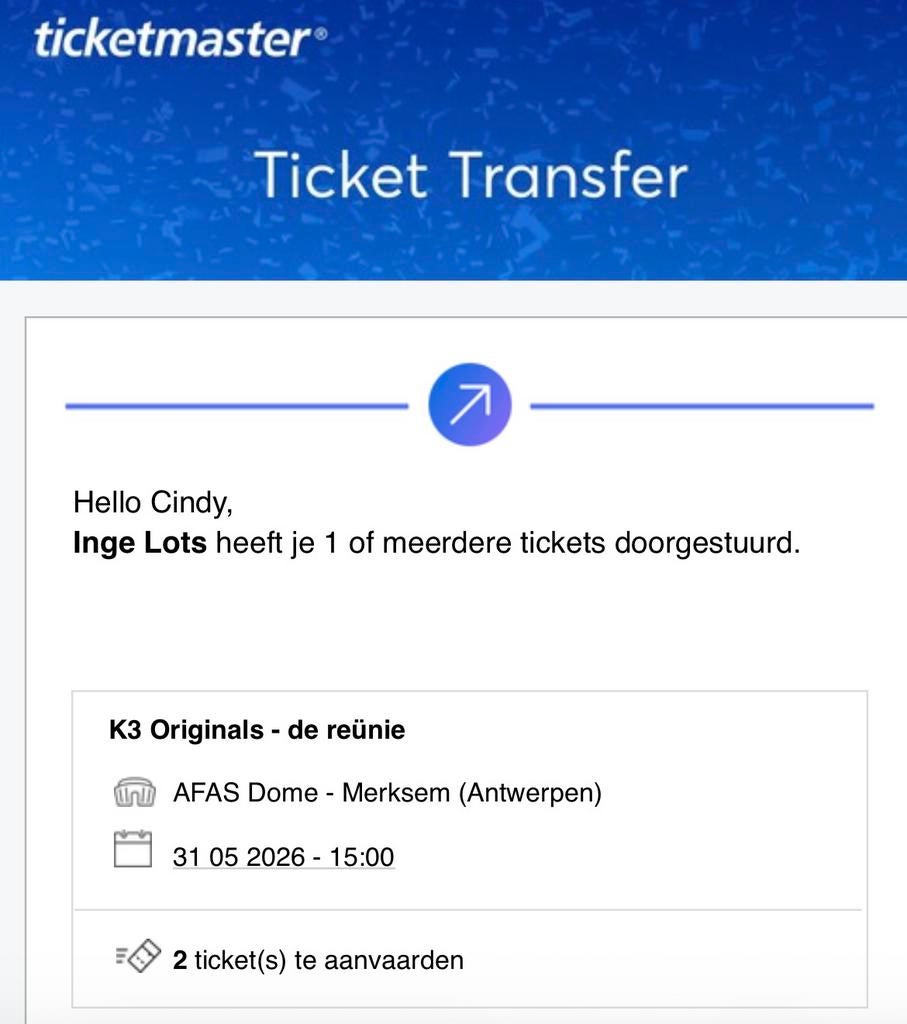 K3 originals 31/5 15u, Tickets & Billets, Deux personnes, Autres