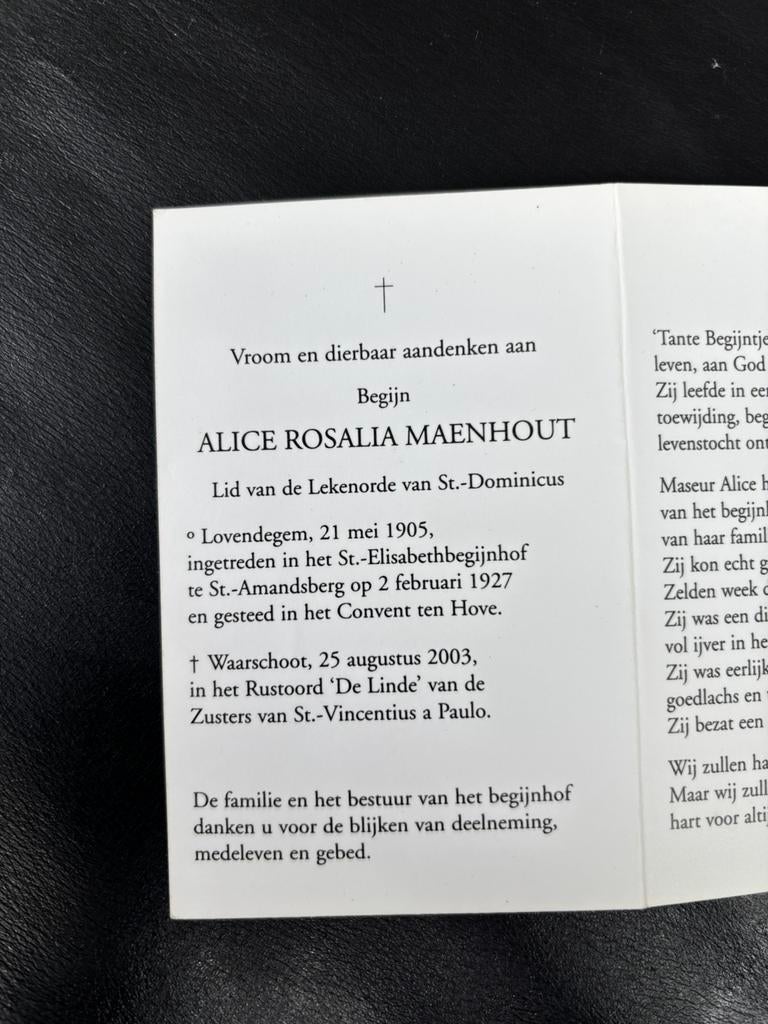 Begijn Alice Rosalia Maenhout, Verzenden, Bidprentje