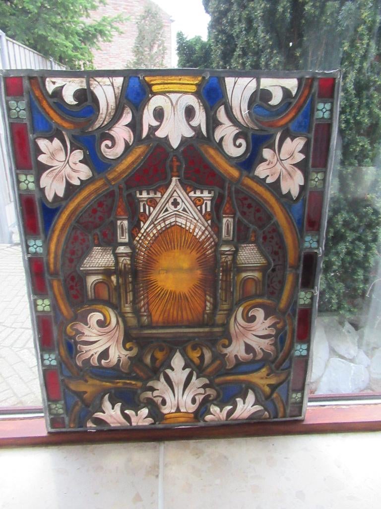 Antiek religieus gebrandschilderd glas in lood raam, Antiek en Kunst, Ophalen
