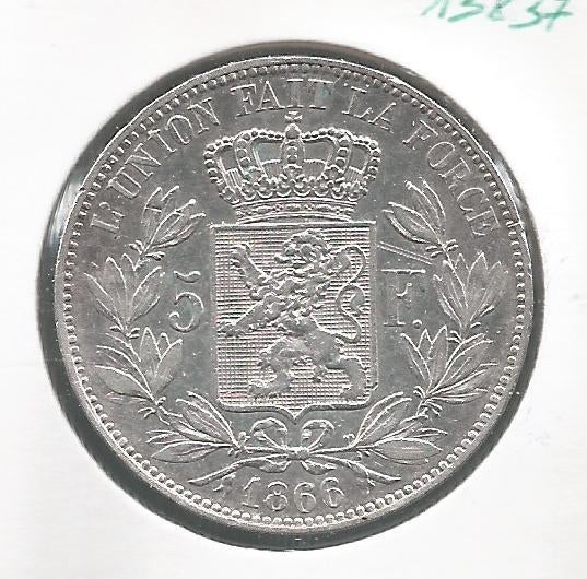 13837 * LEOPOLD II * 5 frank 1866  met punt achter F., Postzegels en Munten, Verzenden, Zilver