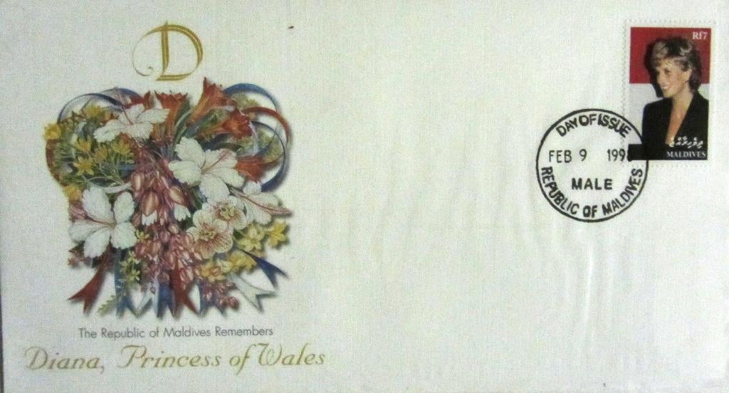 GROTE FDC- PRINSES DIANA MET POSTZEGEL REP. OF MALDIVES, Postzegels en Munten, Ophalen of Verzenden