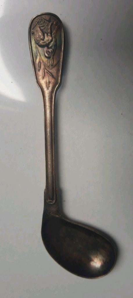 Oude eetlepel baby's met konijn op, Ophalen of Verzenden