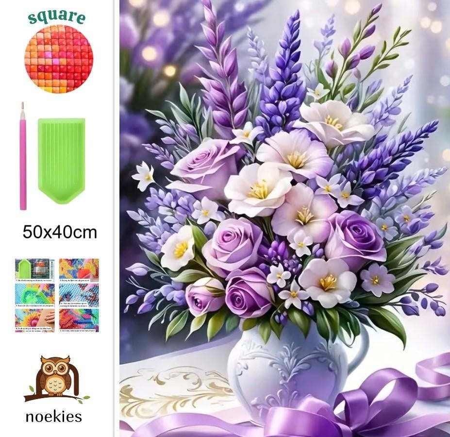Bouquet violet n 20 Diamond Painting 50x40cm (carré), Hobby & Loisirs créatifs, Neuf, Autocollant, Diamond painting, Natuur en Bloemen