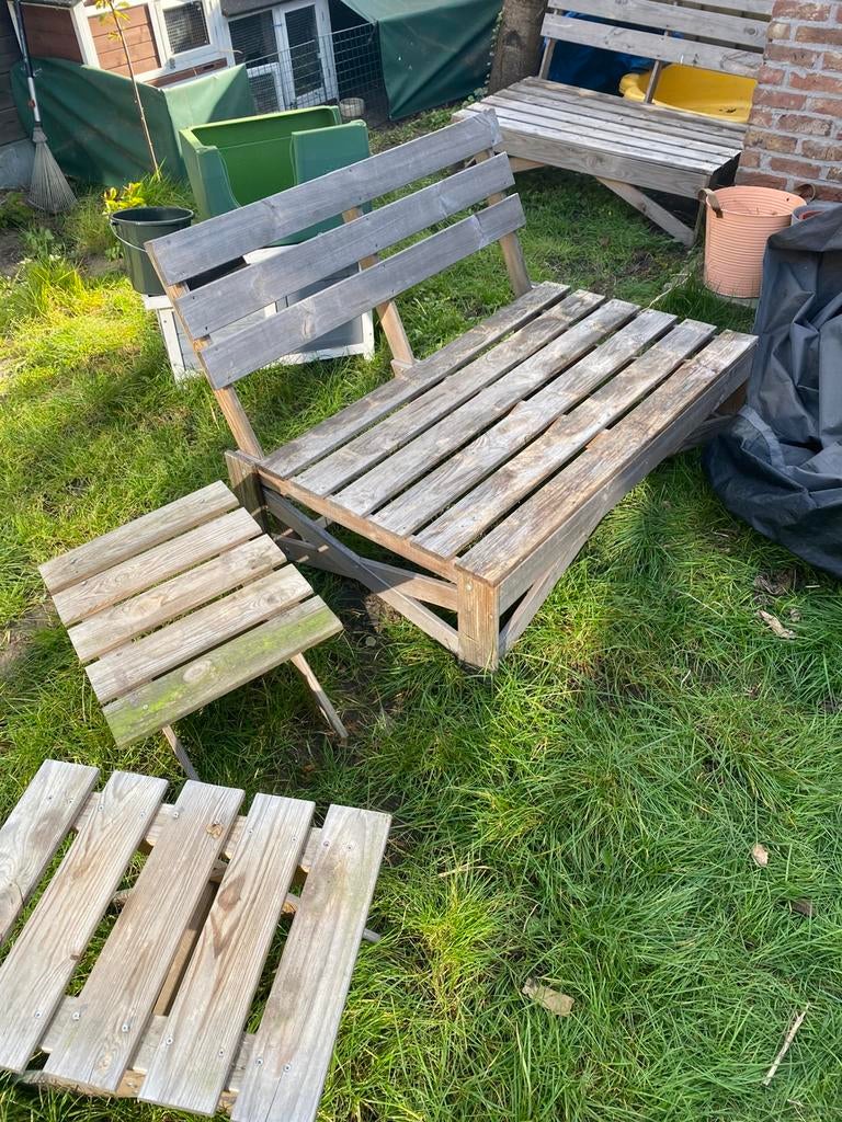 Houten tuinbanken met bijhorende tafels, Ophalen, 4 zitplaatsen, Gebruikt, Bank