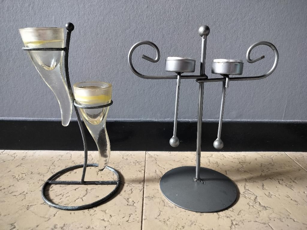 2 Moderne Design Kandelaars (Metaal & Glas) – Wegens Verhuis, Ophalen, Metaal, Kandelaar