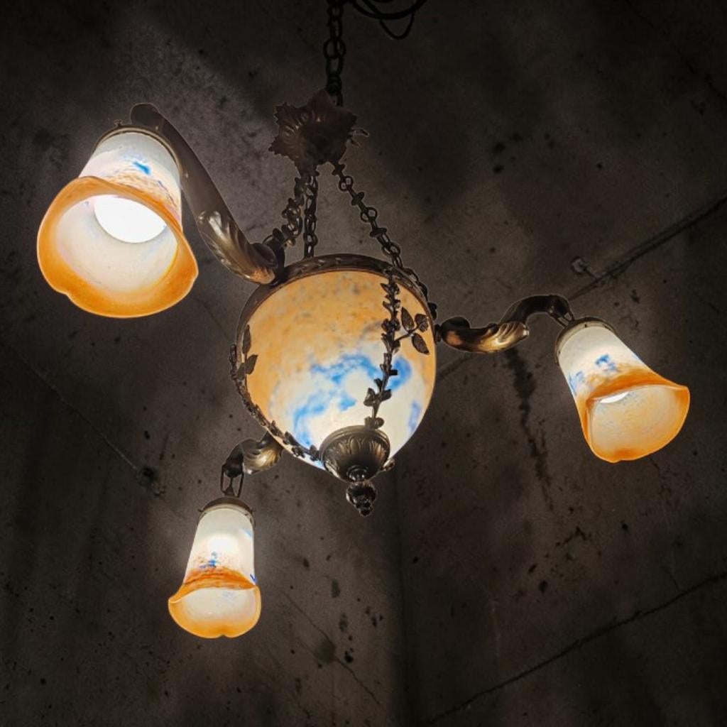 Lustre suspension Vintage Art Nouveau Noverdy France 1930's, Enlèvement, Verre, LED