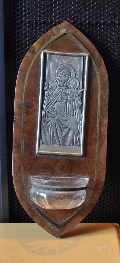 bénitier mural decor vierge a l'enfant fond bois laqué, Enlèvement ou Envoi