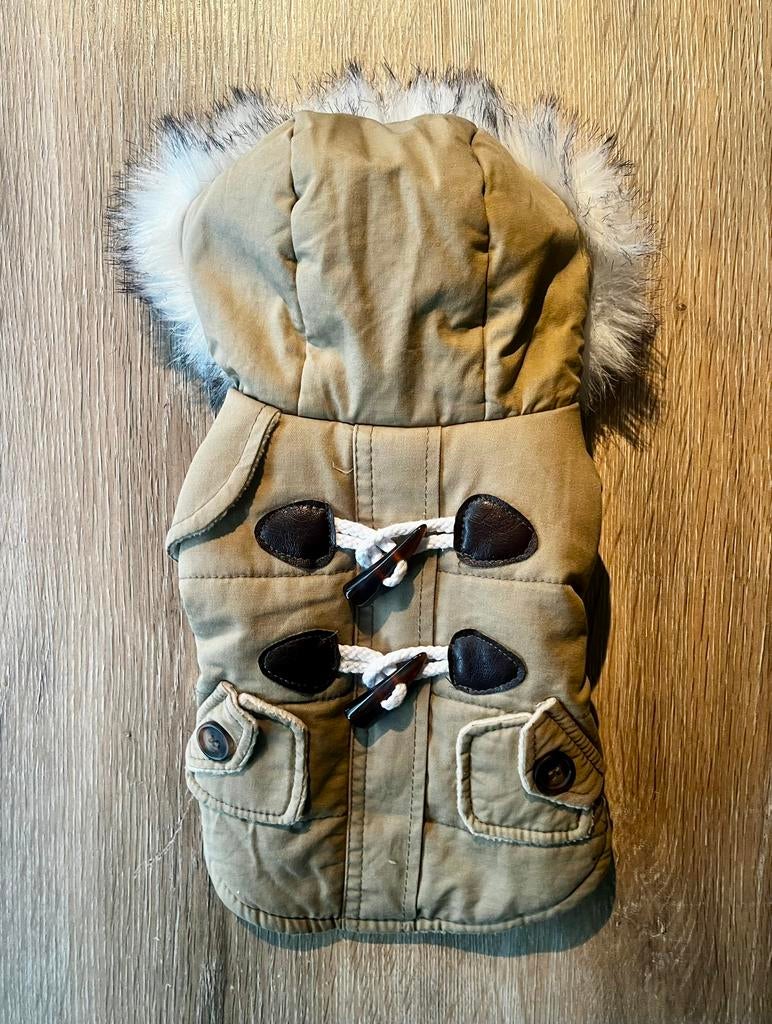 Hondenjasje honden jasje XS capuchon bontkraag khaki, Dieren en Toebehoren, Ophalen of Verzenden, Zo goed als nieuw, Hondenjas