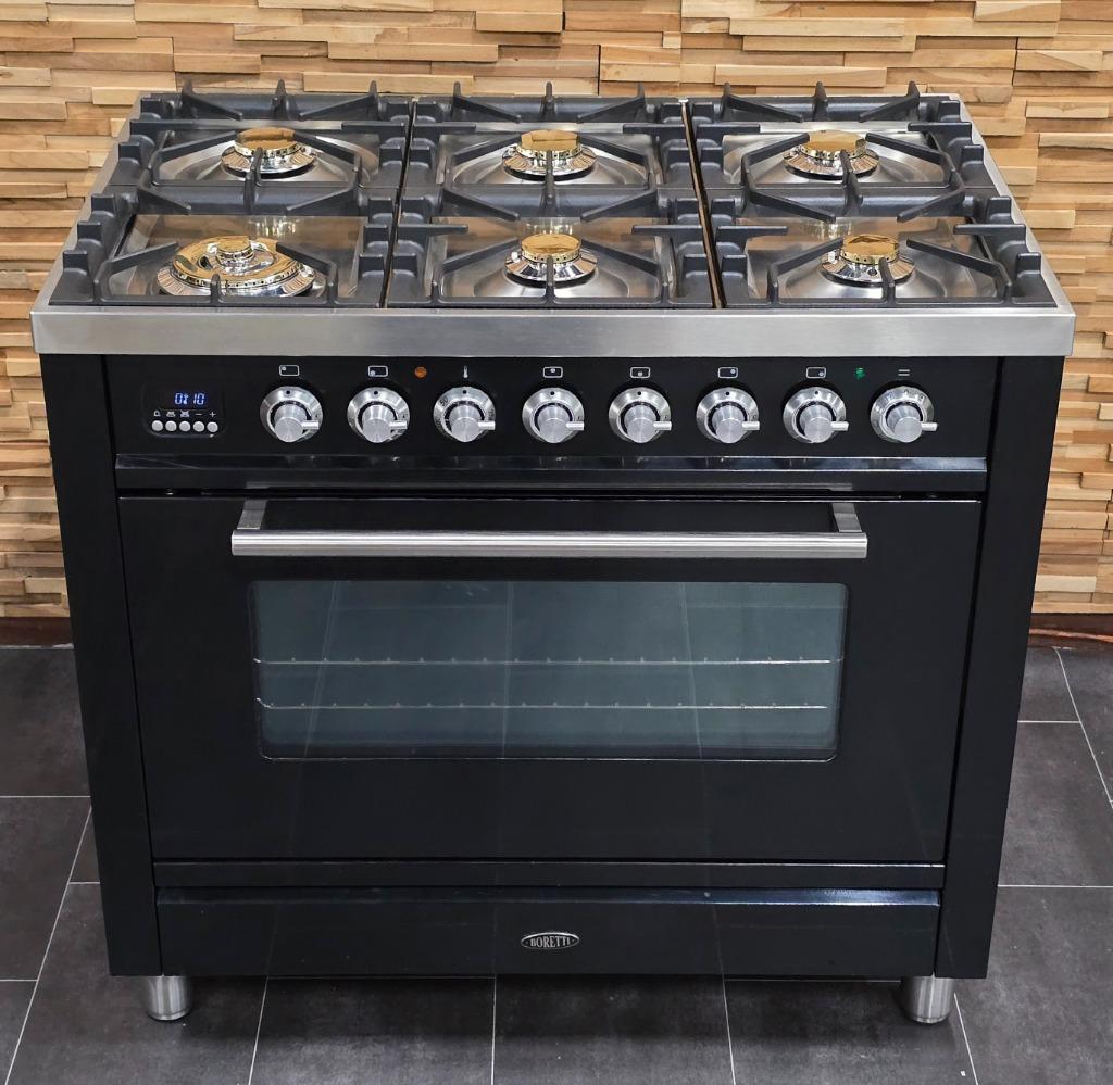 🔥Luxe Fornuis Boretti 90cm hoogglans zwart rvs 6 pits, Elektronische apparatuur, Fornuizen, Zo goed als nieuw, Vrijstaand, Gas