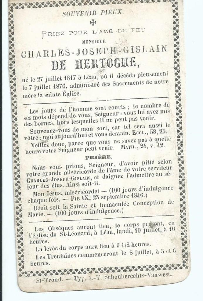 RP Charles-Joseph-Ghislain De Hertoghe 1817-1876 Léau, Verzamelen, Bidprentjes en Rouwkaarten, Ophalen of Verzenden