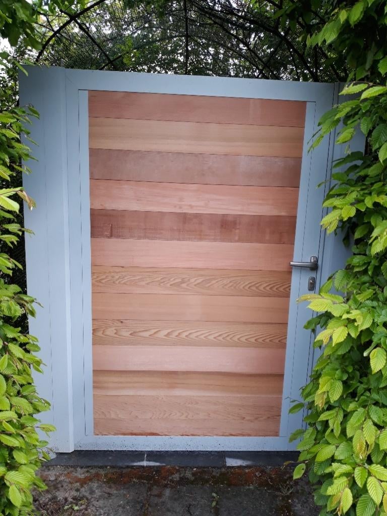 Metalen poort, aluminium met houten afwerking, Tuin en Terras, Nieuw, Ophalen of Verzenden, /, /