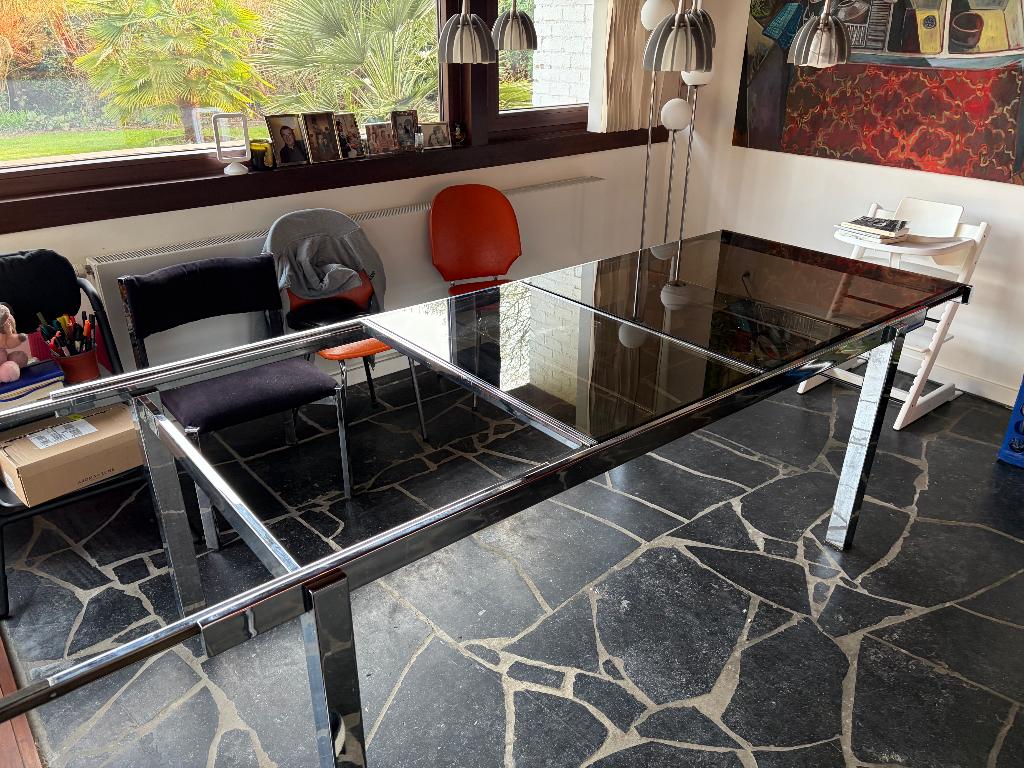 Table à manger Chrome et Verre fumé, Maison & Meubles, Année 70 Chrome et verre fumé, Verre, Enlèvement, Utilisé