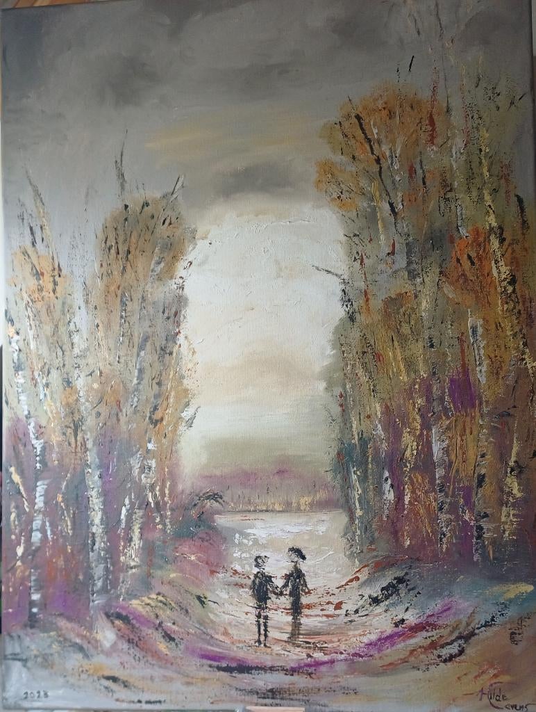 Schilderij Berkenbos, olieverf paletmes, nieuw., Antiek en Kunst, Ophalen