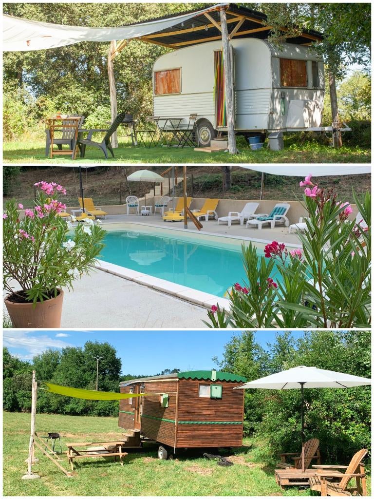 DORDOGNEvanaf250,=p.w,p.d.zie site PIPOWAGEN CARAVAN+ZWEMBAD, 2 slaapkamers, In bergen of heuvels, Wasmachine, Dordogne