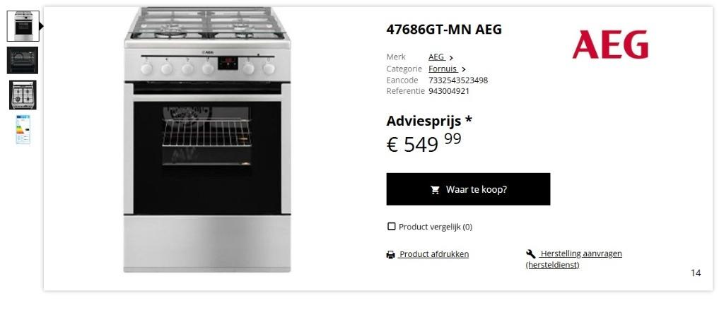 NIEUW !! kookfornuis gas/elek AEG model 47686GT, Enlèvement, Neuf, Blanc