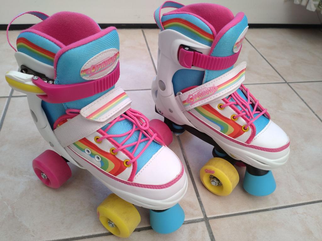Optimum Rolschaatsen Rainbow maat 32-35 met beschermset, Ophalen, Verstelbaar, Kinderen, Zo goed als nieuw