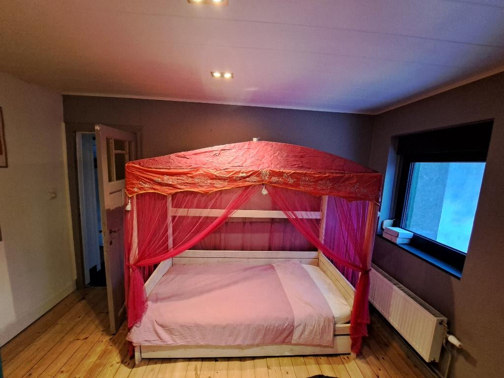 2 Lifetime meegroeibedden massief hout hemelbed + hoogslaper, Ophalen, Eenpersoons, Wit, Hout