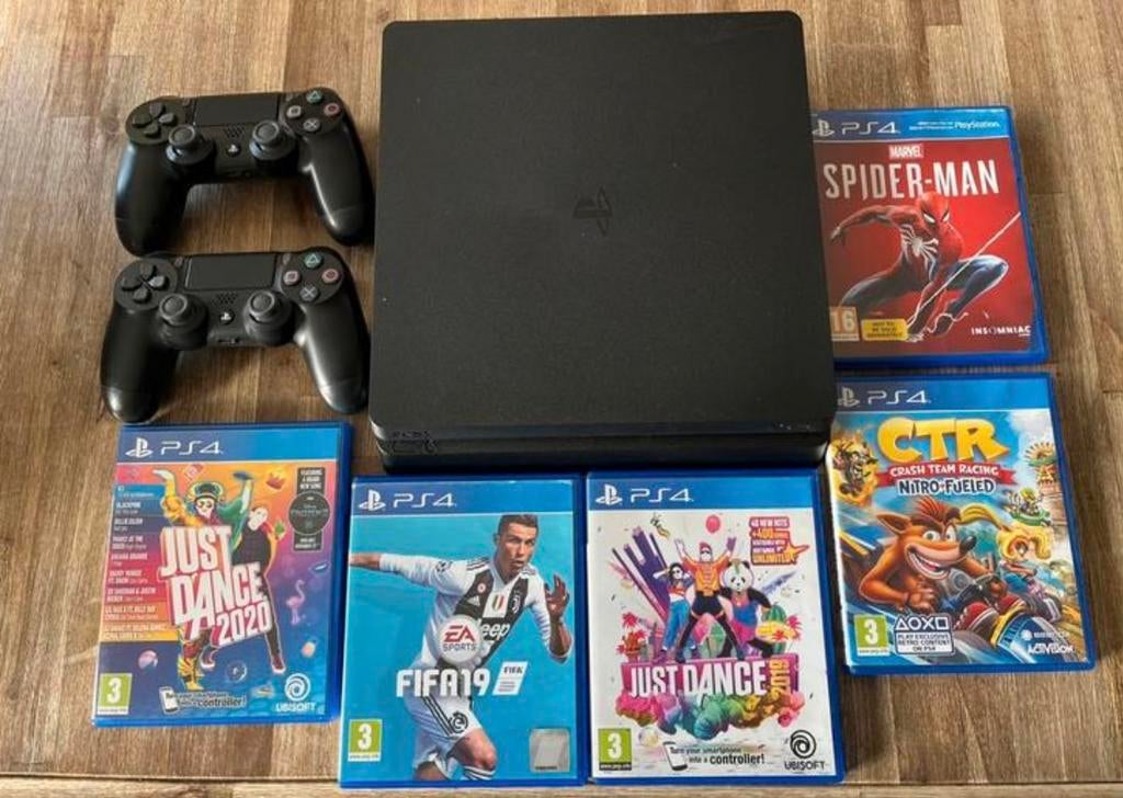 PS4 Slim 1TB – Compleet pakket met 2 controllers & 5 games, Games en Spelcomputers, Spelcomputers | Sony PlayStation 4, Gebruikt