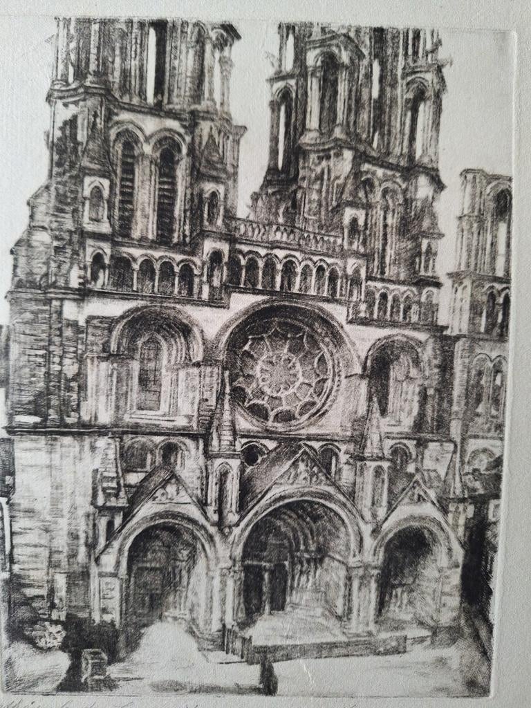 Zeldzame ets Jos Verdegem Kathedraal van Laon, Antiek en Kunst, Kunst | Etsen en Gravures, Ophalen of Verzenden