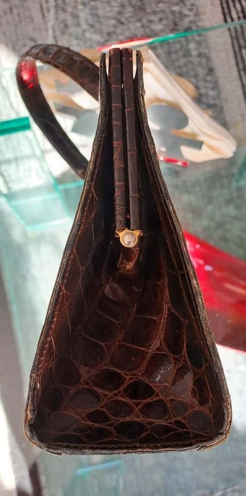 Vintage Handtas in Krokodilleder, Handtassen en Accessoires, Tassen | Damestassen, Ophalen, Gebruikt, Bruin, Handtas