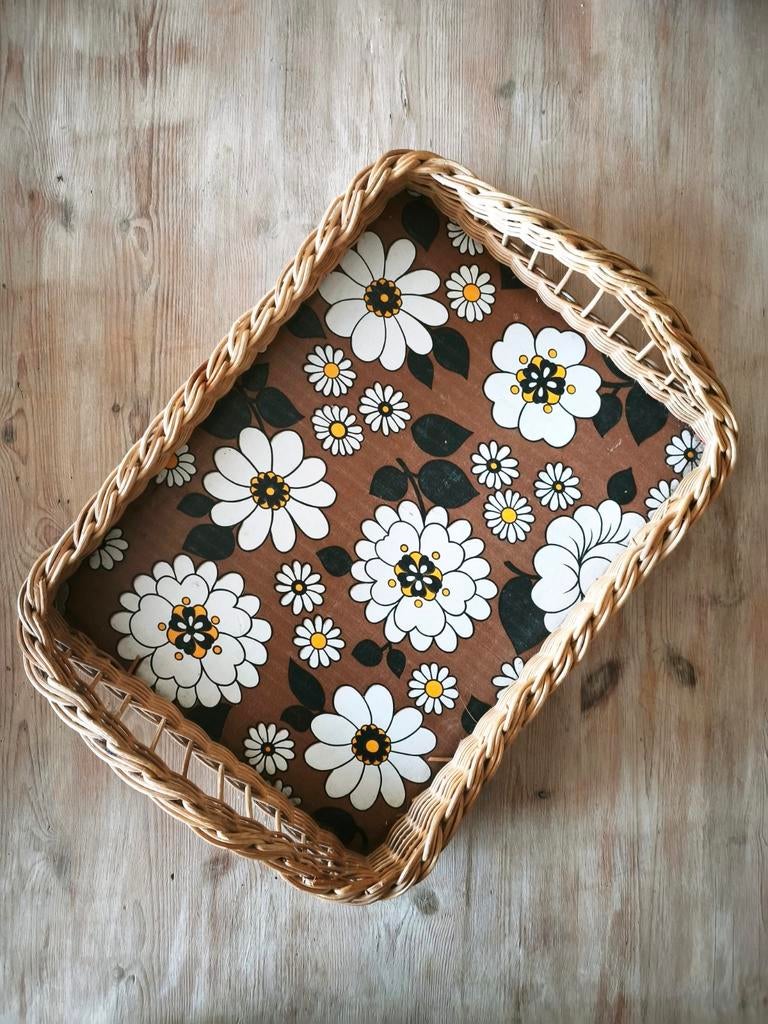 Très jolis plateau vintage en osier - décor floral bohème, Enlèvement ou Envoi