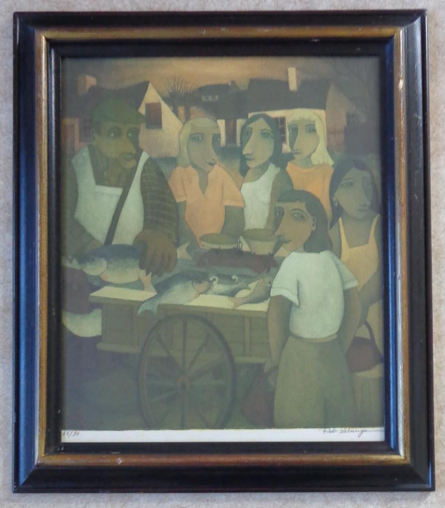 ROB DELANGE / VISKRAAM / KLEURLITHO / 74x64cm / KADER / SIG, Enlèvement