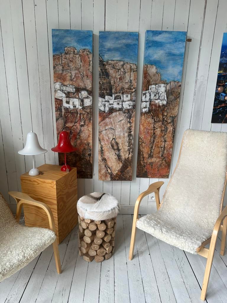 Origineel drieluik — Mediterraan dorp op kliffen, Ophalen of Verzenden, Nieuw