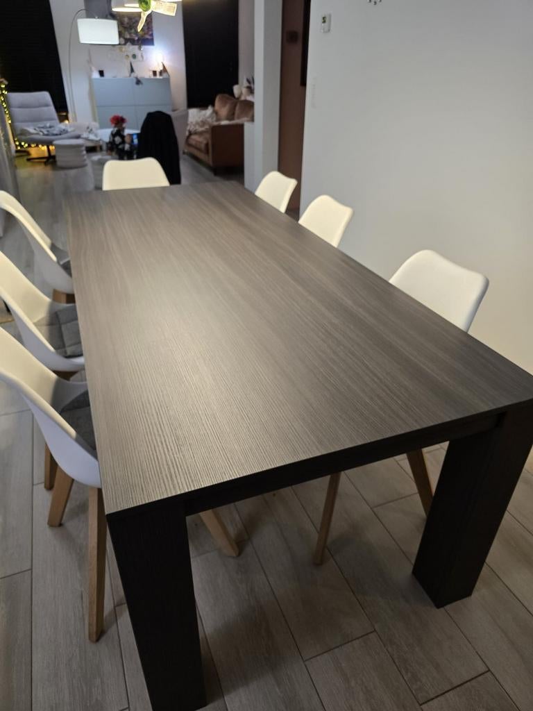 Moderne eettafel in grijze houtlook, Ophalen, Modern - landelijk, 200 cm of meer, 50 tot 100 cm