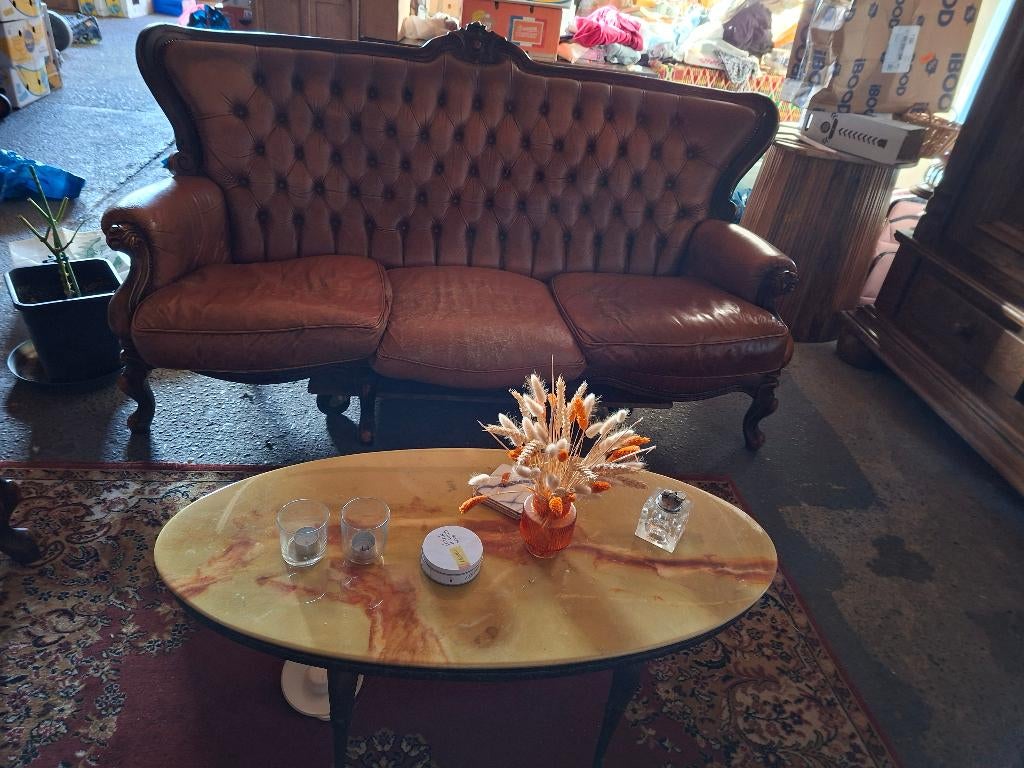 Queen Ann lederen salon kleur: bruin, Huis en Inrichting, Zetels | Zetels, Ophalen, Gebruikt, Queen Ann chesterfield, Rechte bank