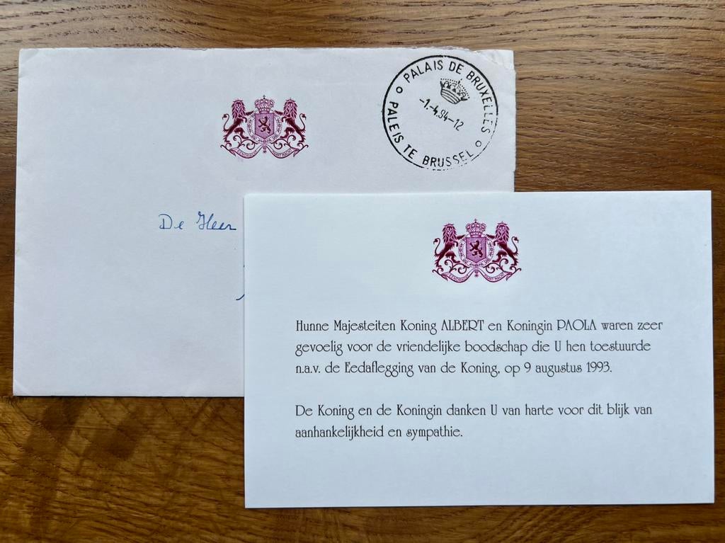 Carte de remerciement des monarques Albert et Paola 1993, Collections, Enlèvement ou Envoi, Comme neuf, Carte, Photo ou Gravure