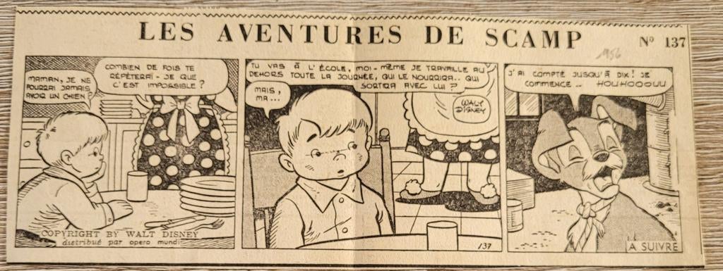 Oud stripknipsel: Les aventures de Scamp (1956), Verzamelen, Ophalen of Verzenden, Overige figuren, Gebruikt, Plaatje of Poster