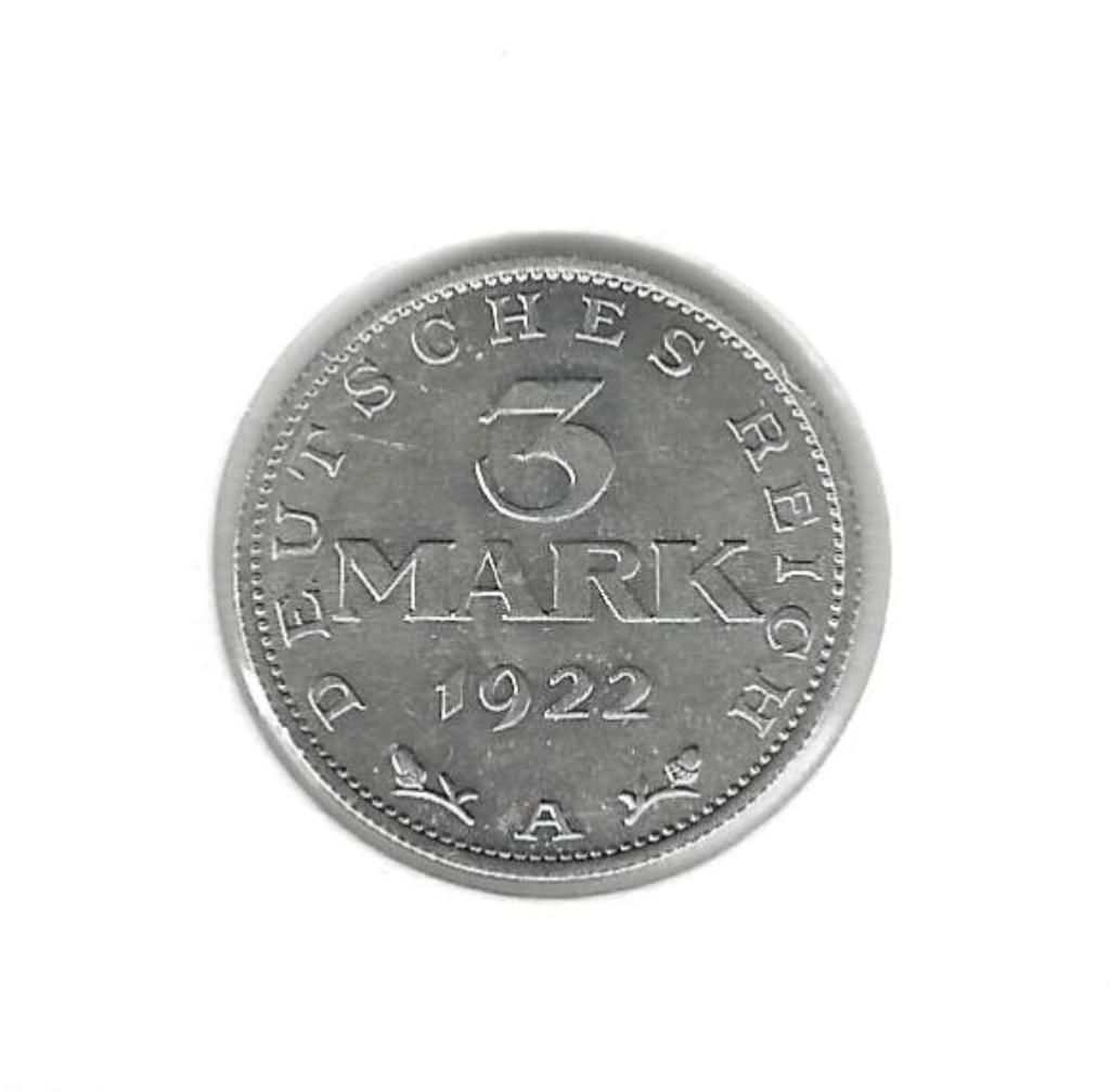 Duitsland, 3 Mark 1922 A (met tekst rond adelaar)., Postzegels en Munten, Ophalen of Verzenden, Duitsland, Losse munt