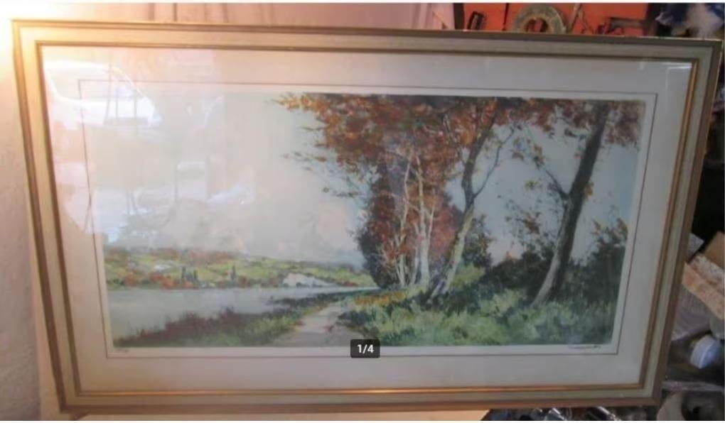 Belle sérigraphie « Rivière et colline » - Launay, Antiquités & Art, Art | Lithographies & Sérigraphies, Enlèvement ou Envoi