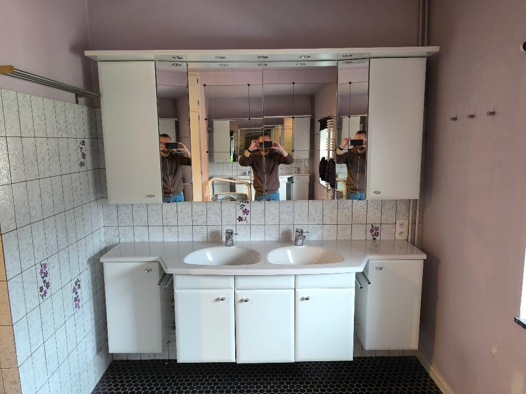Meubles SDB : double vasque et armoire murale avec miroirs, 200 cm ou plus, Meuble lavabo, Utilisé, 50 à 75 cm